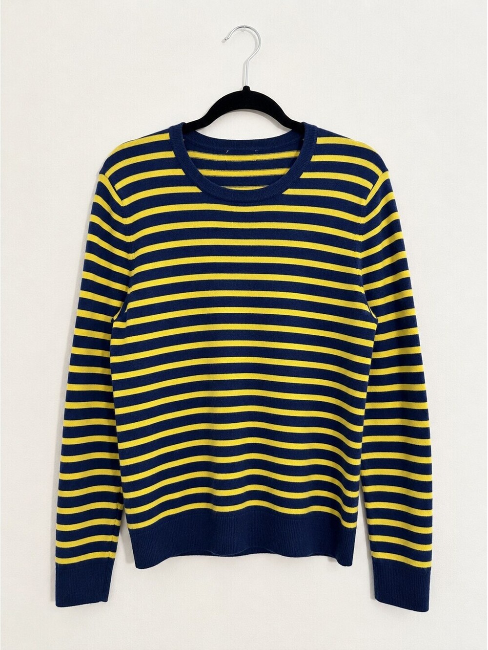 Lands’ End 100% Cashmere Striped Sweater Navy Yellow Crewneck